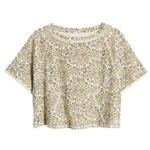 Free People Sammie Stripe Crop Cotton Ivory Floral Raglan Tee - Size Small, NWT